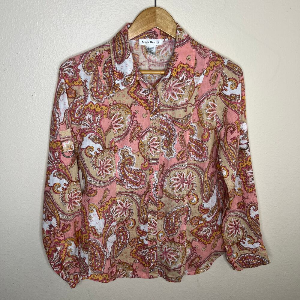 Susan Bristol Pink Orange Long Sleeve 100% Linen Medium